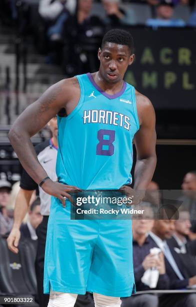 Johnny O'Bryant III of the Charlotte Hornets looks on during the game against the Sacramento Kings on January 2, 2018 at Golden 1 Center in...