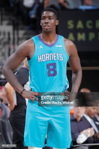 Johnny O'Bryant III of the Charlotte Hornets looks on during the game against the Sacramento Kings on January 2, 2018 at Golden 1 Center in...
