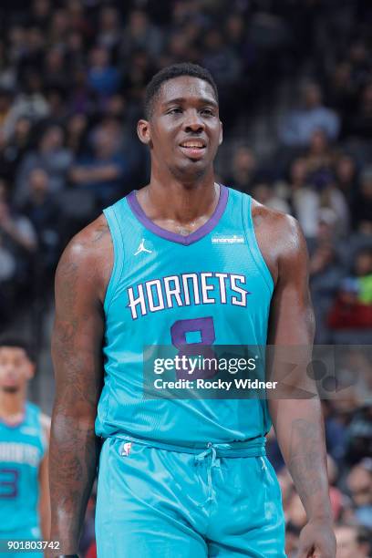 Johnny O'Bryant III of the Charlotte Hornets looks on during the game against the Sacramento Kings on January 2, 2018 at Golden 1 Center in...