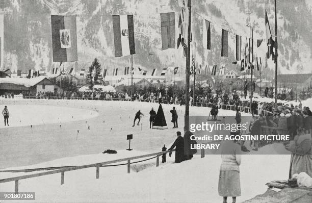 The start of the 10,000 metre speed skating event, Winter Olympics in Chamonix, France, 26th-27th January 1924. From L'Illustrazione Italiana, Year...