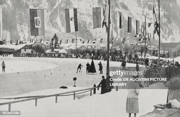 The start of the 10,000 metre speed skating event, Winter Olympics in Chamonix, France, 26th-27th January 1924. From L'Illustrazione Italiana, Year...