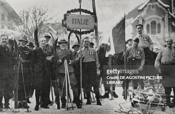 The Italian team during the inaugural parade at the Winter Olympics in Chamonix, France, 25th January 1924. From L'Illustrazione Italiana, Year LI,...