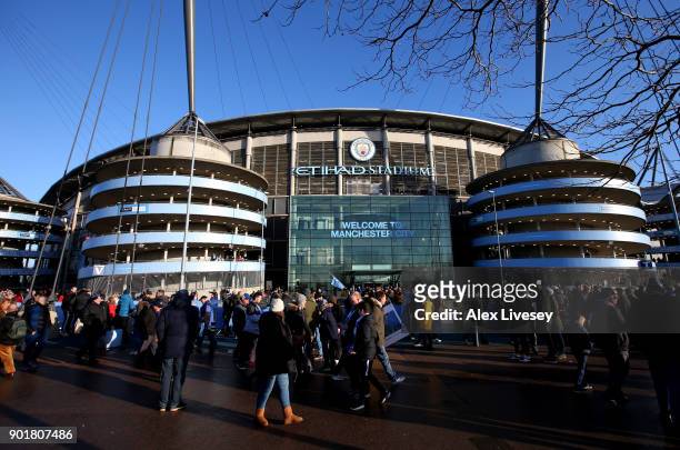 General view outside the stadium prior to The Emirates FA Cup Third Round match between Manchester City and Burnley at Etihad Stadium on January 6,...