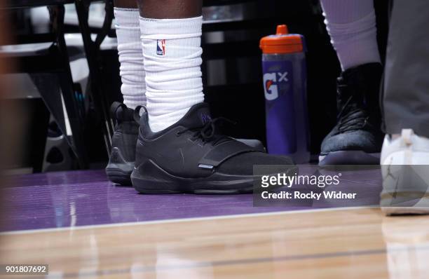 The sneakers belonging to Johnny O'Bryant III of the Charlotte Hornets in a game against the Sacramento Kings on January 2, 2018 at Golden 1 Center...