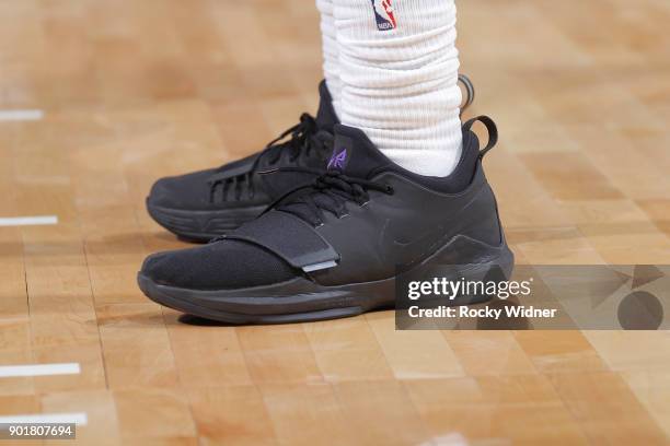 The sneakers belonging to Johnny O'Bryant III of the Charlotte Hornets in a game against the Sacramento Kings on January 2, 2018 at Golden 1 Center...