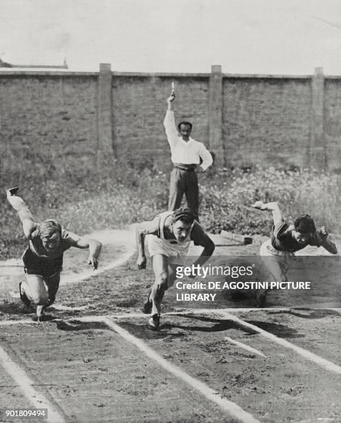 Start of the 100-metre sprint, Italian athletes training for the Olympics in Paris, Busto Arsizio, Lombardy, Italy, from L'Illustrazione Italiana,...