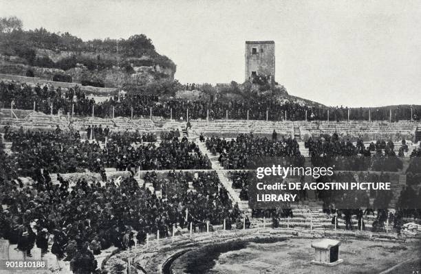Audience at the performance of The Libation Bearers by Aeschylus at the Greek Theatre in Siracuse, Sicily, Italy, from L'Illustrazione Italiana, Year...
