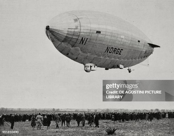 The airship Norge arriving at the aerodrome in Pulham, London, United Kingdom, April 11 from L'Illustrazione Italiana, Year LII, No 17, April 25,...