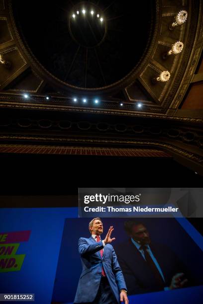 Christian Lindner, head of the German Free Democratic Party talks during the traditional Epiphany meeting of the German Free Democratic Party at the...