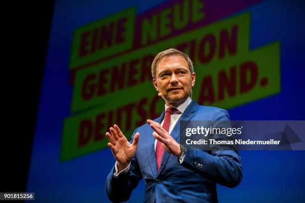 Christian Lindner, head of the German Free Democratic Party talks during the traditional Epiphany meeting of the German Free Democratic Party at the...