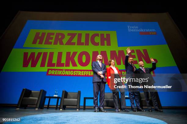 Hans Ulrich Ruelke, Nicola Beer, Christian Lindner and Michael Theurer are seen during the traditional Epiphany meeting of the German Free Democratic...