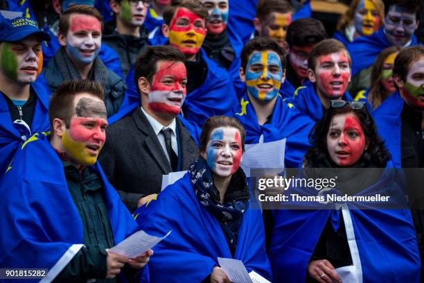 Members of the Junge Liberale are seen with painted european flags in their faces during the traditional Epiphany meeting of the German Free...