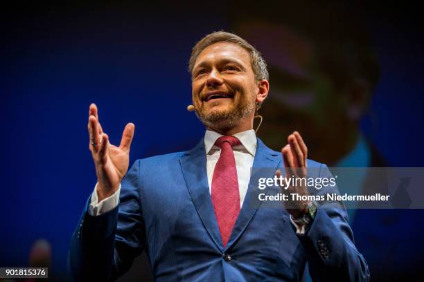 Christian Lindner, head of the German Free Democratic Party talks during the traditional Epiphany meeting of the German Free Democratic Party at the...