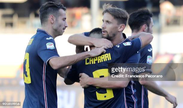 Gianmarco Ferrari, Gaston Ramirez and Gianluca Caprari of UC Sampdoria celebrate the 0-1 goal scored by Gianluca Caprari during the serie A match...