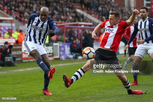 Allan Nyom of West Bromwich Albion and Jordan Tillson of Exeter City during to the The Emirates FA Cup Third Round match between Exeter City v West...
