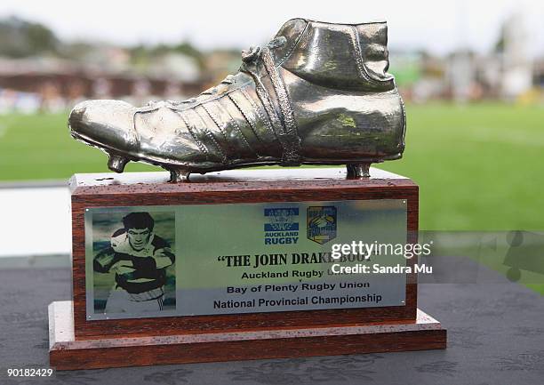 The John Drake Boot is displayed during the Air New Zealand Cup match between Auckland and Bay of Plenty at Eden Park on August 30, 2009 in Auckland,...