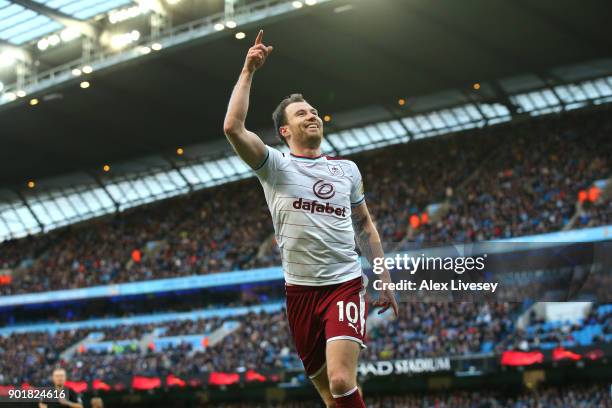 Ashley Barnes of Burnley celebrates scoring the first goal during the The Emirates FA Cup Third Round match between Manchester City and Burnley at...