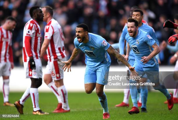Jordan Willis of Coventry City celebrates after scoring his sides first goal during The Emirates FA Cup Third Round match between Coventry City and...