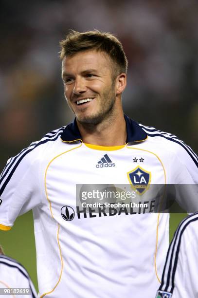 David Beckham of the Los Angeles Galaxy smiles before the game with Chivas USA on August 29, 2009 at the Home Depot Center in Carson, California.