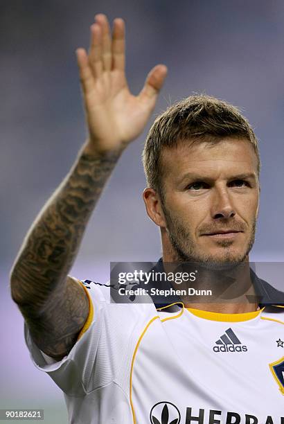 David Beckham of the Los Angeles Galaxy waves before the game with Chivas USA on August 29, 2009 at the Home Depot Center in Carson, California.