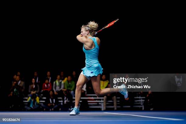 Katerina Siniakova of Czech Republic returns a shot during the final match against Simona Halep of Romania during Day 7 of 2018 WTA Shenzhen Open at...