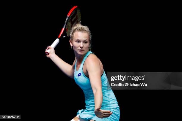 Katerina Siniakova of Czech Republic returns a shot during the final match against Simona Halep of Romania during Day 7 of 2018 WTA Shenzhen Open at...