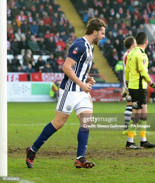 West Bromwich Albion's Jay Rodriguez celebrates scoring his side's second goal of the game during the FA Cup, third round match at St James' Park,...