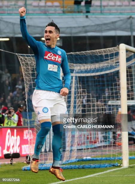 Napoli's Spanish striker Jose Maria Callejon celebrates after scoring during the Italian Serie A football match SSC Napoli vs Hellas Verona FC at the...