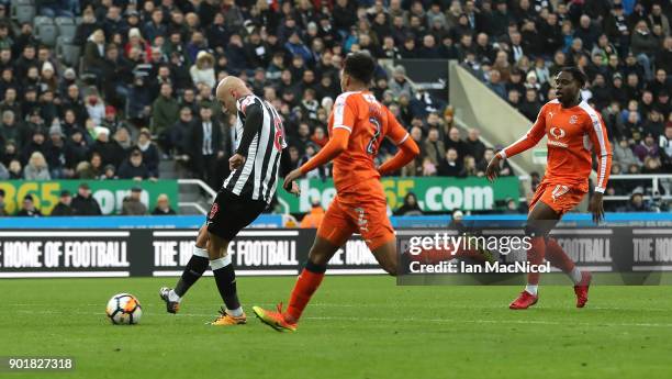 Jonjo Shelvey of Newcastle United scores his team's third goal during The Emirates FA Cup Third Round match between Newcastle United and Luton Town...