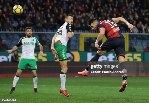 Andrey Galabinov of Genoa CFC scores the opening goal during the serie A match between Genoa CFC and US Sassuolo at Stadio Luigi Ferraris on January...