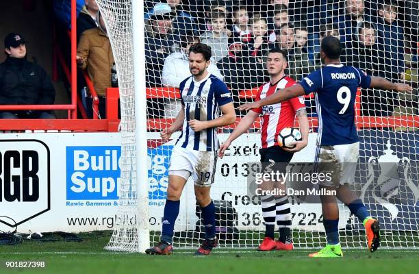 Jay Rodriguez of West Bromwich Albion celebrates scoring the 2nd West Brom goal during the The Emirates FA Cup Third Round match between Exeter City...