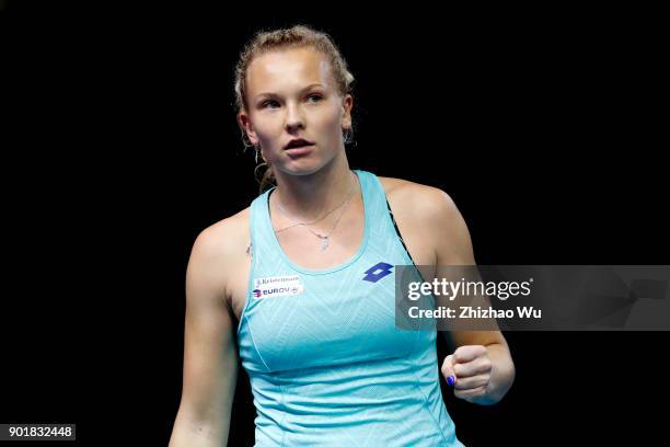 Katerina Siniakova of Czech Republic celebrates during the final match against Simona Halep of Romania during Day 7 of 2018 WTA Shenzhen Open at...