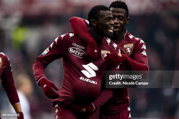 MBaye Niang of Torino FC celebrates after scoring a goal during the Serie A football match between Torino FC and Bologna FC. Torino FC won 3-0 over...