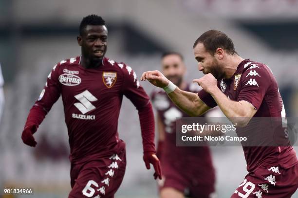 Lorenzo De Silvestri of Torino FC celebrates after scoring a goal during the Serie A football match between Torino FC and Bologna FC. Torino FC won...