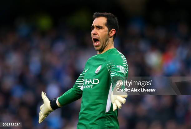 Claudio Bravo of Manchester City reacts during the The Emirates FA Cup Third Round match between Manchester City and Burnley at Etihad Stadium on...