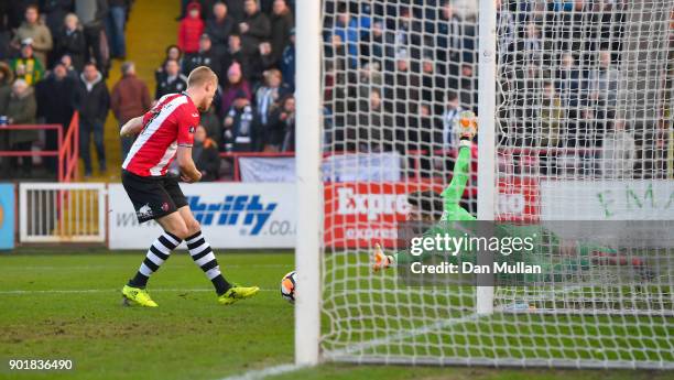 Jayden Stockley of Exeter City misses a chance at goal during The Emirates FA Cup Third Round match between Exeter City and West Bromwich Albion at...