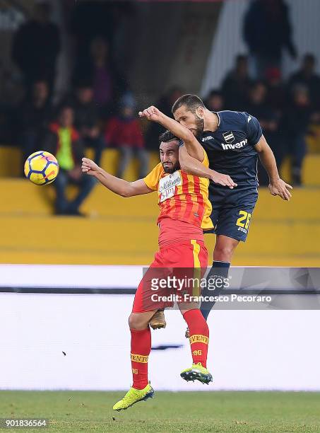 Player of Benevento Calcio Massimo Coda competes with UC Sampdoria player Matias Silvestre during the serie A match between Benevento Calcio and UC...