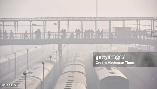 Many trains were cancelled and delayed due to heavy fog, at Old Delhi Railway station, on January 06, 2018 in New Delhi Area, India. As per met...