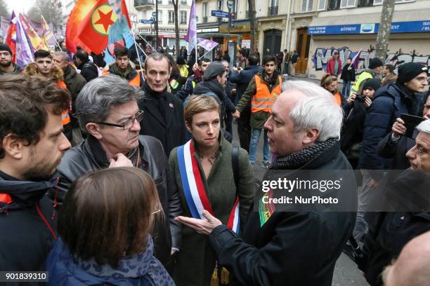 Far-left coalition La France Insoumise leader Jean-Luc Melenchon and LFI member of Parliament Clementine Autain take part in a demonstration on...