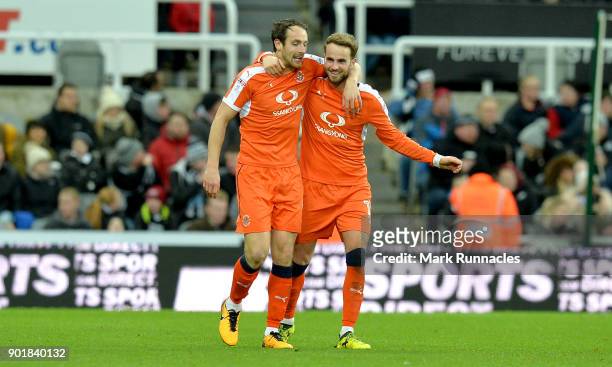 Danny Hylton of Luton Town celebrates scoring the 1st Luton goal with Andrew Shinnie during the The Emirates FA Cup Third Round match between...