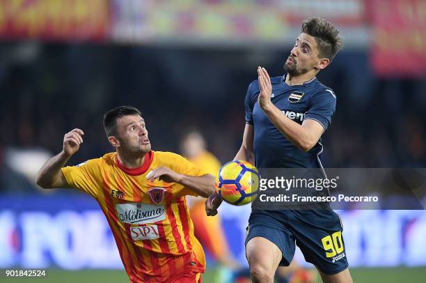 Player of Benevento Calcio Ledian Memushaj vies with UC Sampdoria player Gaston Ramirez during the serie A match between Benevento Calcio and UC...