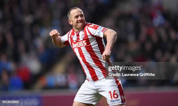 Charlie Adam of Stoke City celebrates scoring the first Stoke goal during the The Emirates FA Cup Third Round match between Coventry City and Stoke...