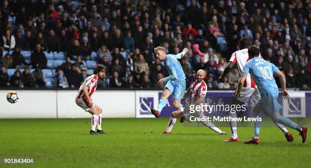 Jack Grimmer of Coventry City scores his sides second goal during The Emirates FA Cup Third Round match between Coventry City and Stoke City at Ricoh...