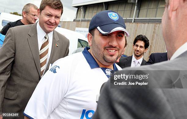 New Portsmouth owner Sulaiman Al Fahim arrives at Fratton Park before the Barclays Premier League match between Portsmouth and Manchester City at...