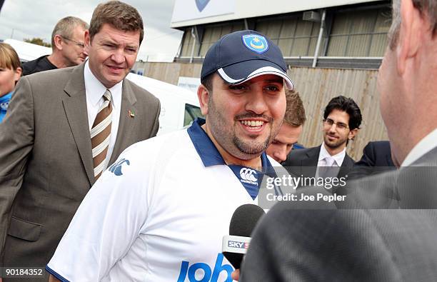 New Portsmouth owner Sulaiman Al Fahim arrives at Fratton Park before the Barclays Premier League match between Portsmouth and Manchester City at...