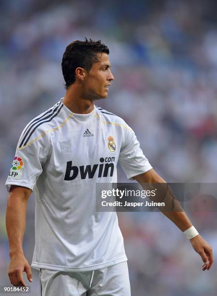 Cristiano Ronaldo of Real Madrid looks on during the La Liga match between Real Madrid and Deportivo La Coruna at the Estadio Santiago Bernabeu on...