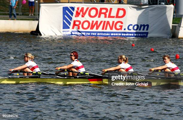 Julia Kroeger, Laura Tibitanzl, Helke Nieschlag and Lena Mueller of Germany win the Women's Lightweight Quadruple Sculls during the World Rowing...