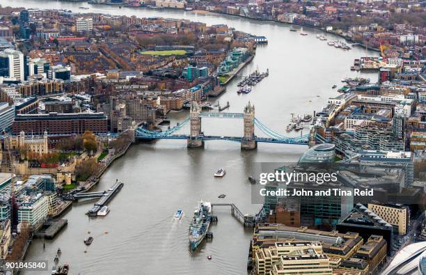 tower bridge aerial - helicopter view stock pictures, royalty-free photos & images