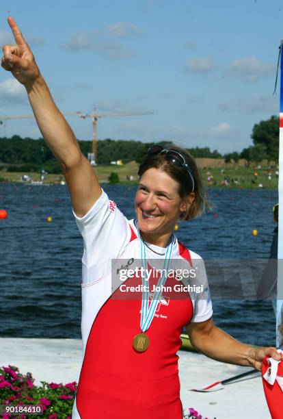 Pamela Weisshaupt of Switzerland celebrates after winning the Women's Lightweight Single Sculls during the World Rowing Championships on August 30,...