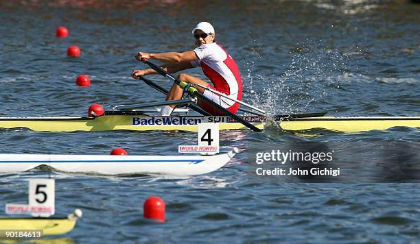 Pamela Weisshaupt of Switzerland crosses the line to win the Women's Lightweight Single Sculls during the World Rowing Championships on August 30,...